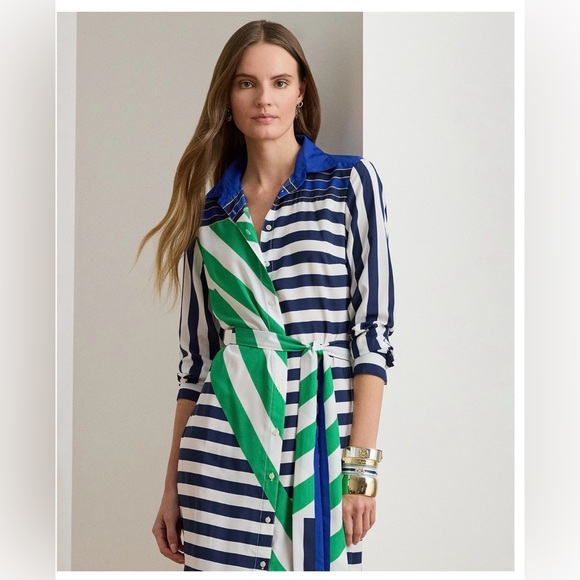 Lauren Ralph Lauren Long Sleeve Dress in Blue and Green Stripes - Picture 3 of 8